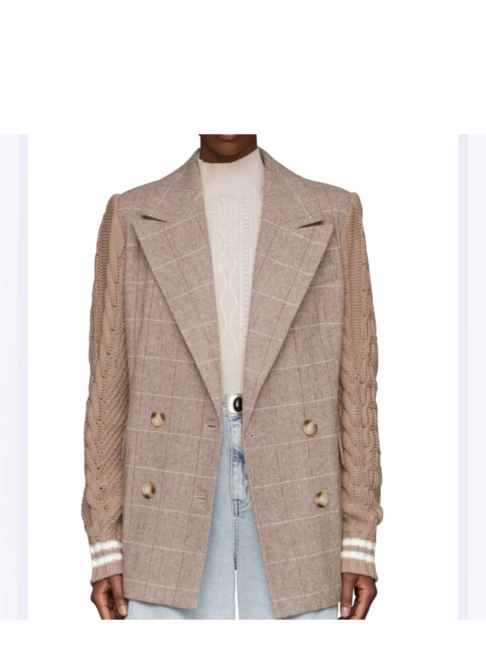 NWT Avec Les Filles Beige Plaid Blazer with Knit Sleeves - runs larger
